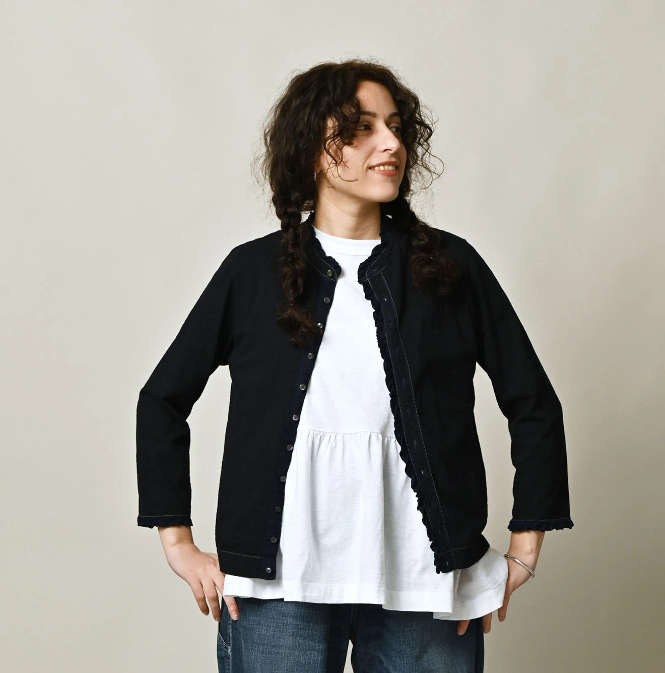 45Rインディゴ オープンフロントカーディガン Indigo Frilled Square Cardigan | 45R Official Online Store – 45R