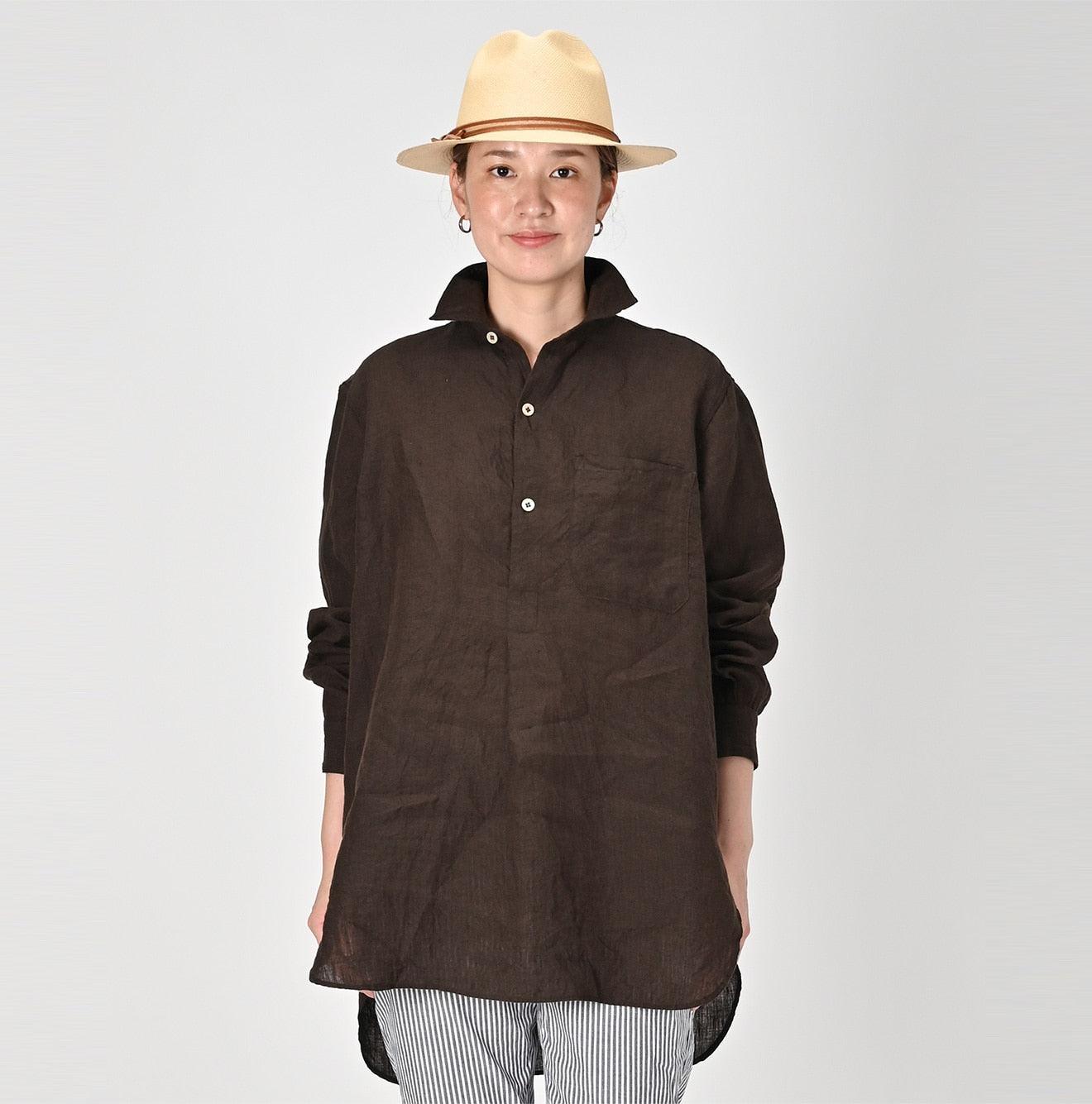 Linen Chambray 908 Grandpa Pullover Shirt 83 Brown 01 Xs