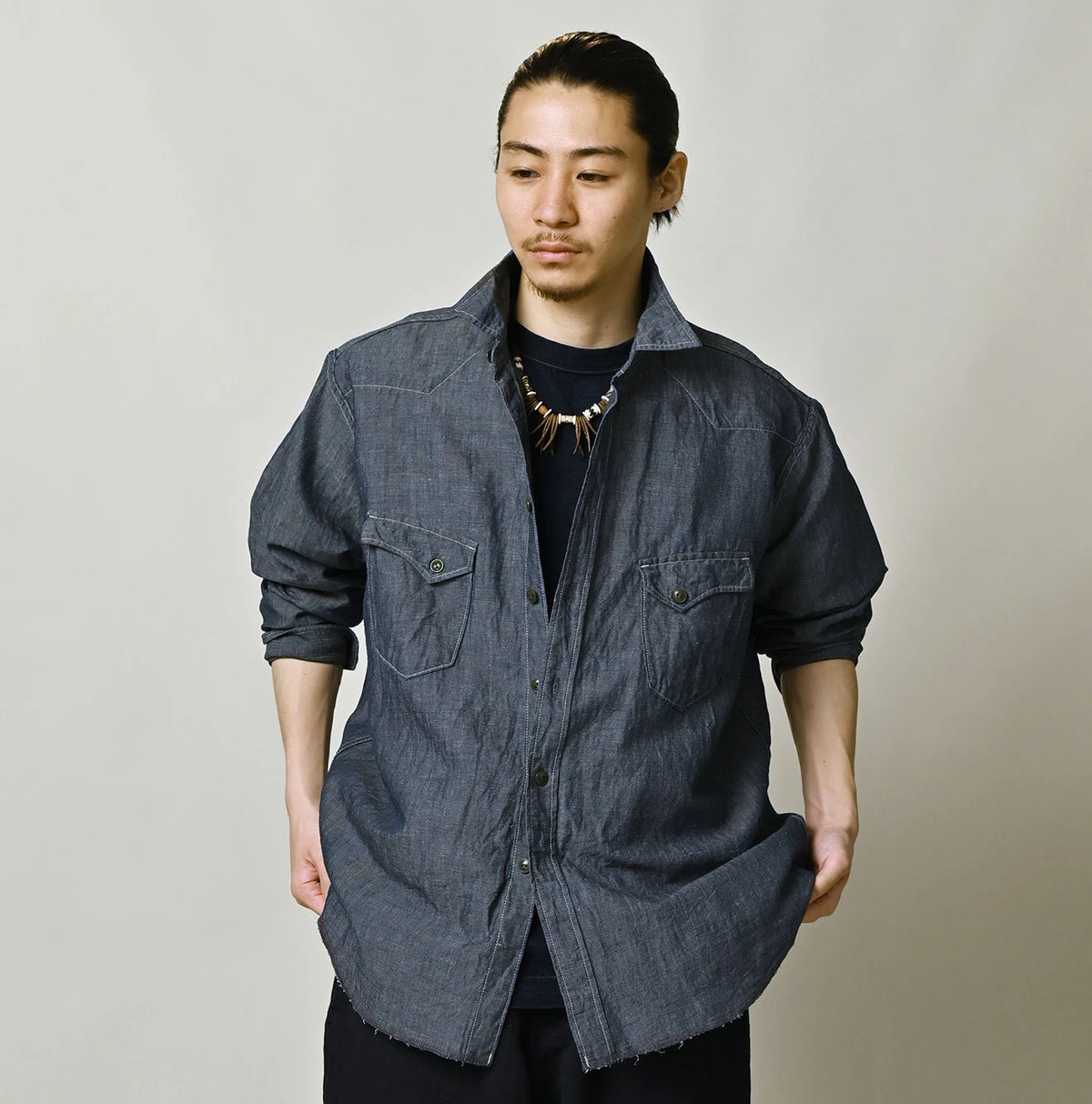 45R Cotton Linen Dungaree 908 Ocean Eastern Shirt Nou