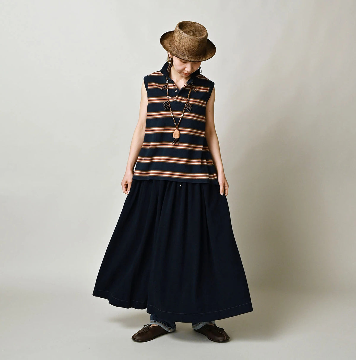 45R Indigo Cotton Pique Gathered Skirt