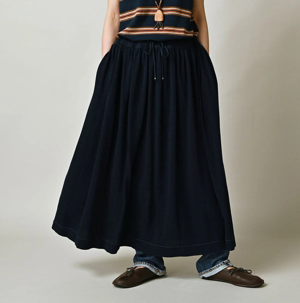 45R Indigo Cotton Pique Gathered Skirt