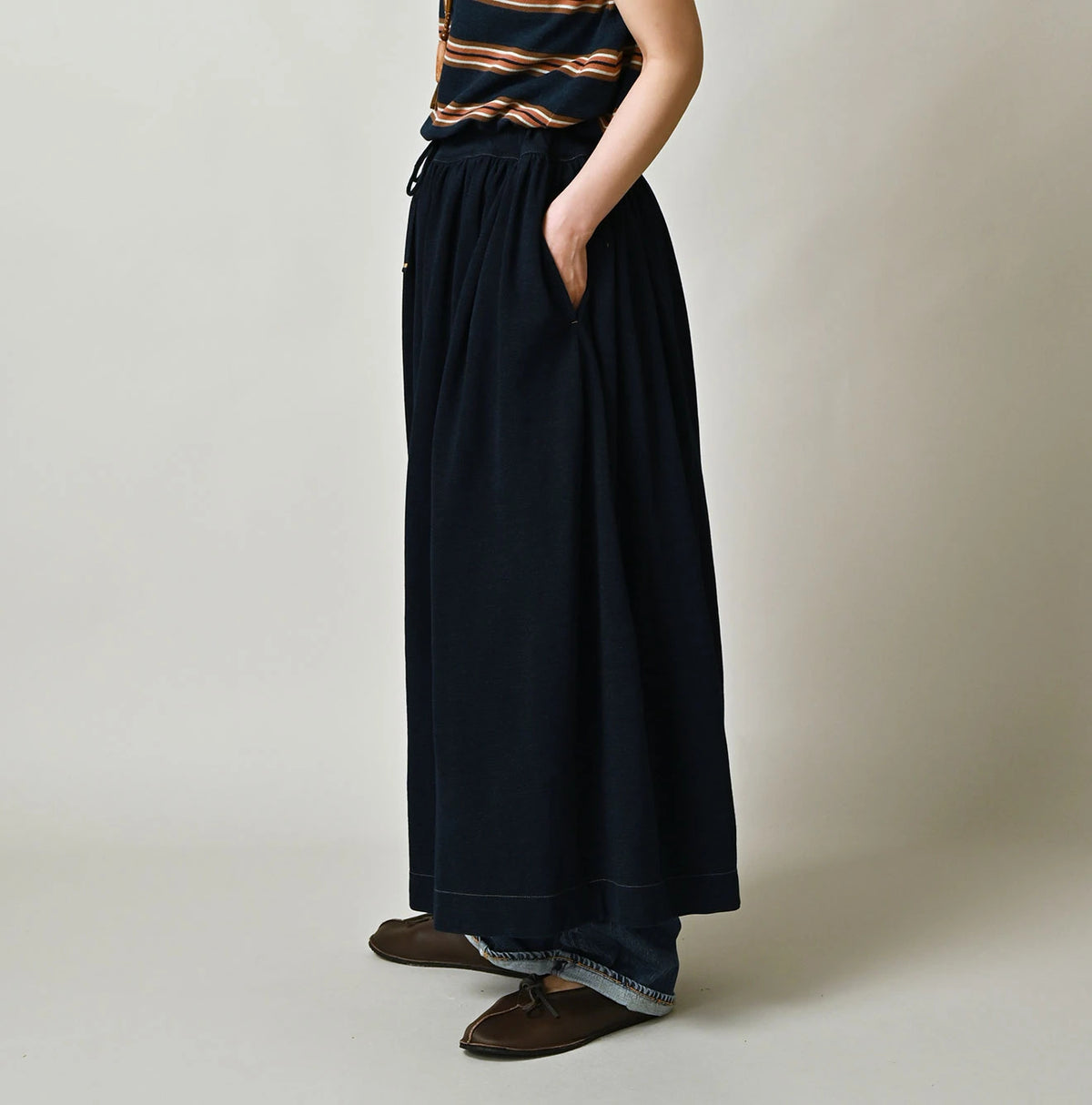 45R Indigo Cotton Pique Gathered Skirt