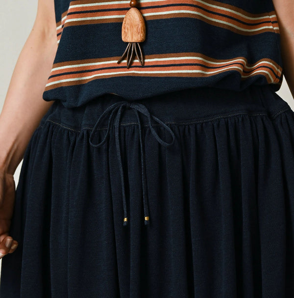 45R Indigo Cotton Pique Gathered Skirt
