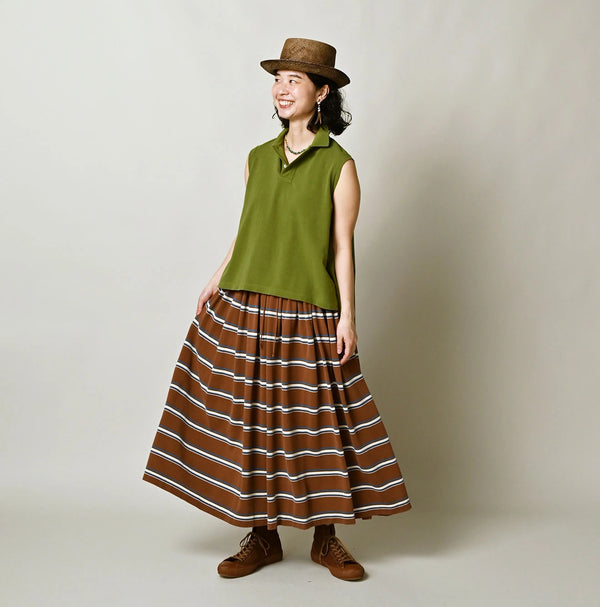 45R Cotton Pique Stripe Gathered Skirt