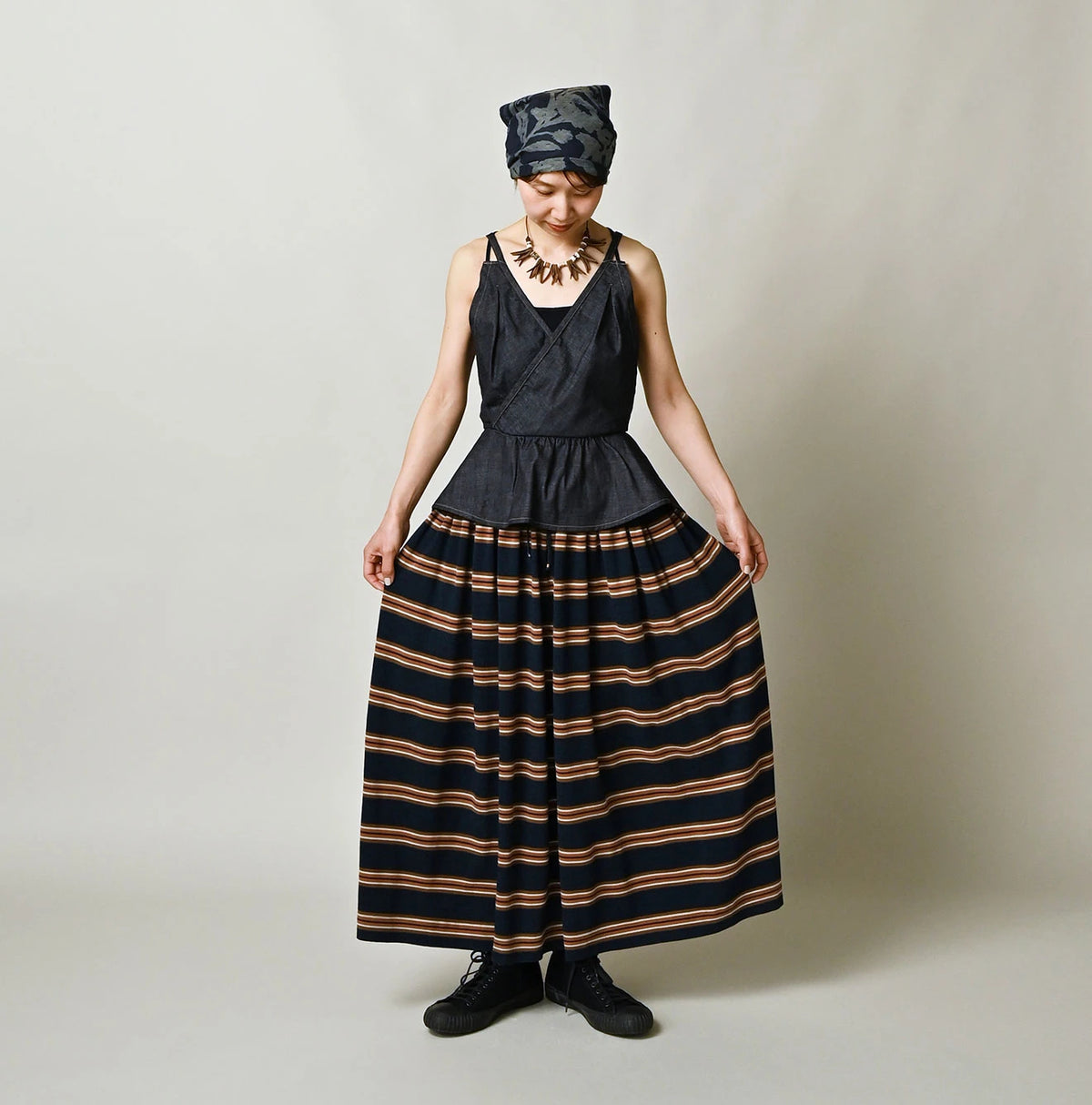 45R Indigo Cotton Pique Stripe Gathered Skirt