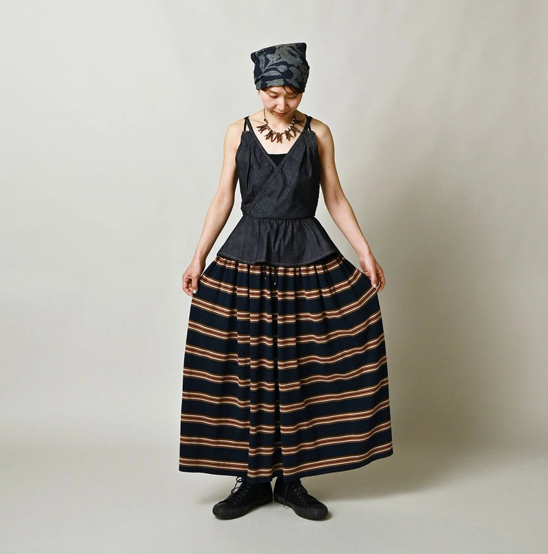 45R Indigo Cotton Pique Stripe Gathered Skirt - Image 2