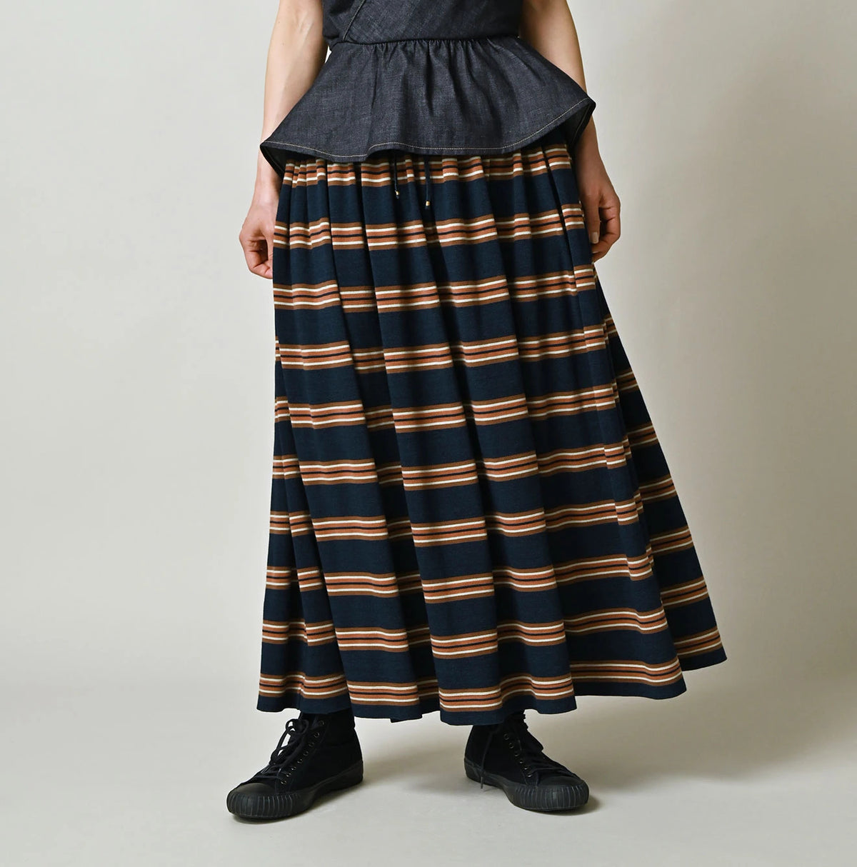 45R Indigo Cotton Pique Stripe Gathered Skirt
