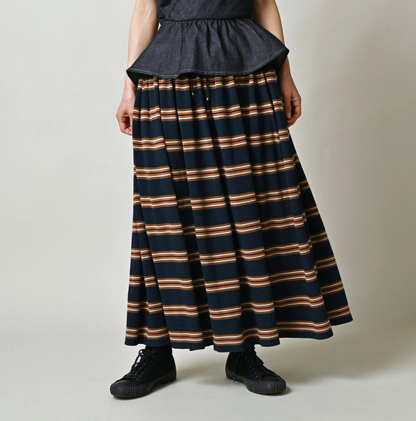 45R Indigo Cotton Pique Stripe Gathered Skirt