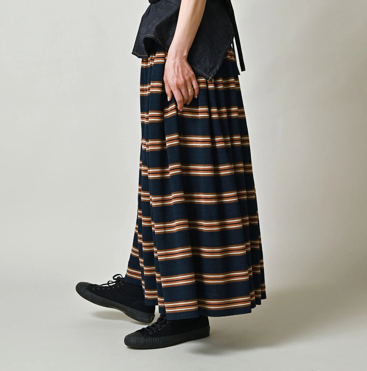45R Indigo Cotton Pique Stripe Gathered Skirt