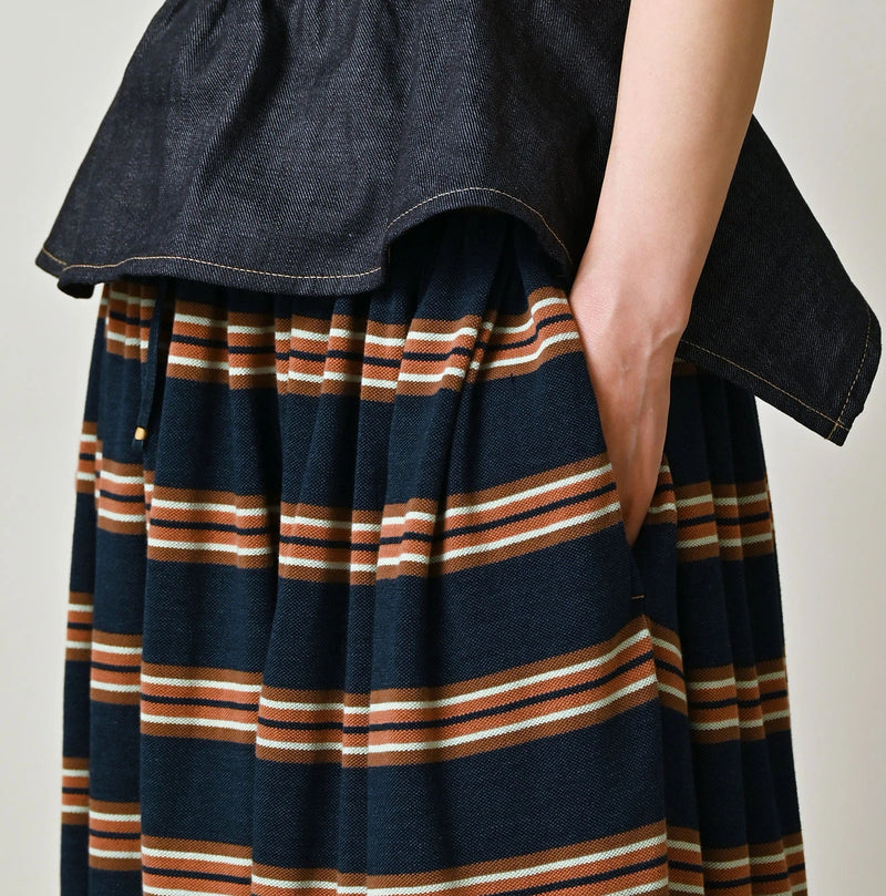 45R Indigo Cotton Pique Stripe Gathered Skirt - Image 6