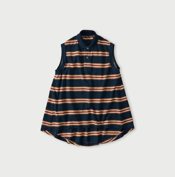 45R Indigo Cotton Pique Stripe Flare Polo