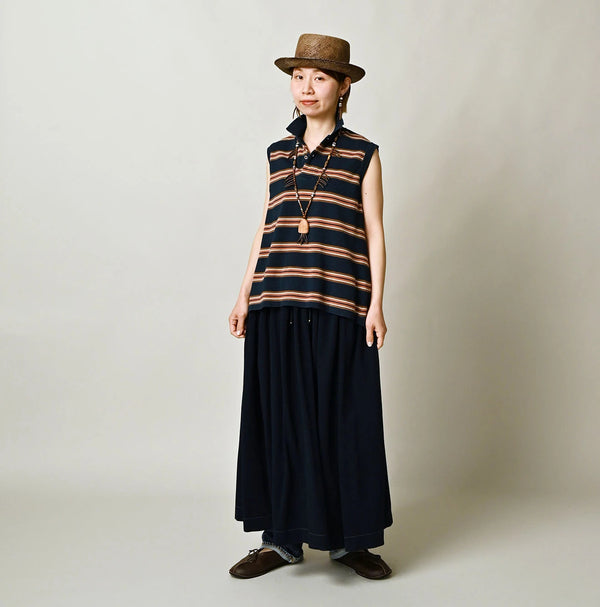 45R Indigo Cotton Pique Stripe Flare Polo