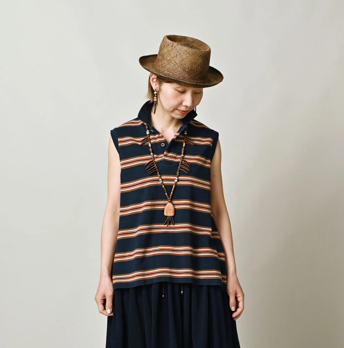 45R Indigo Cotton Pique Stripe Flare Polo