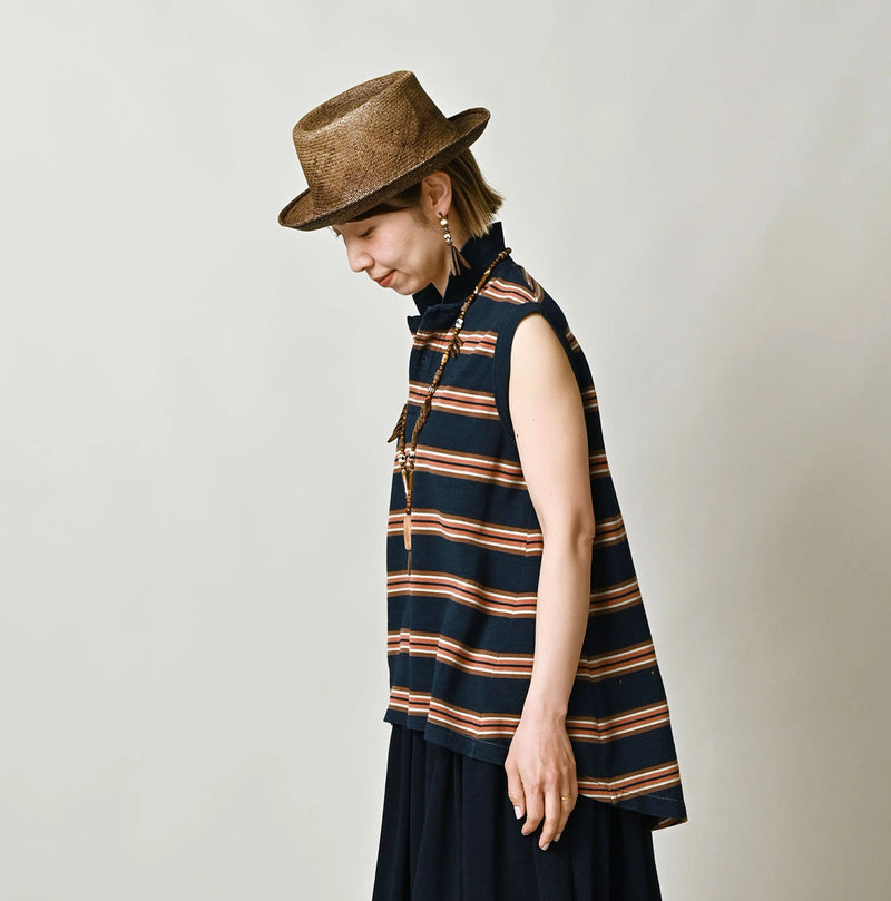 45R Indigo Cotton Pique Stripe Flare Polo - Image 4