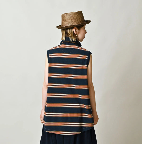 45R Indigo Cotton Pique Stripe Flare Polo