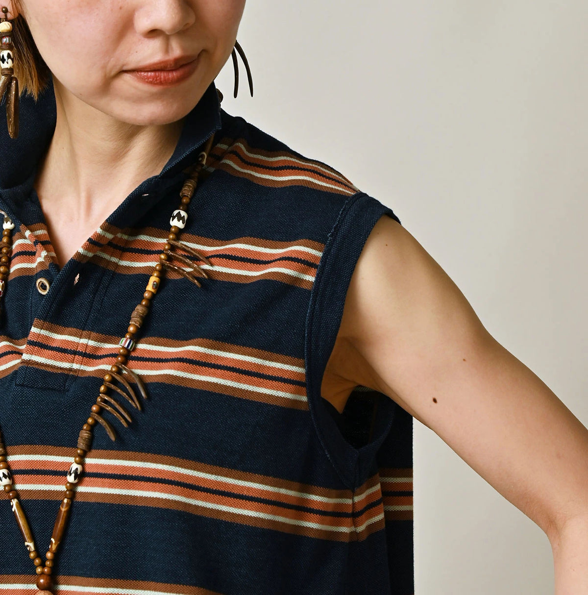 45R Indigo Cotton Pique Stripe Flare Polo