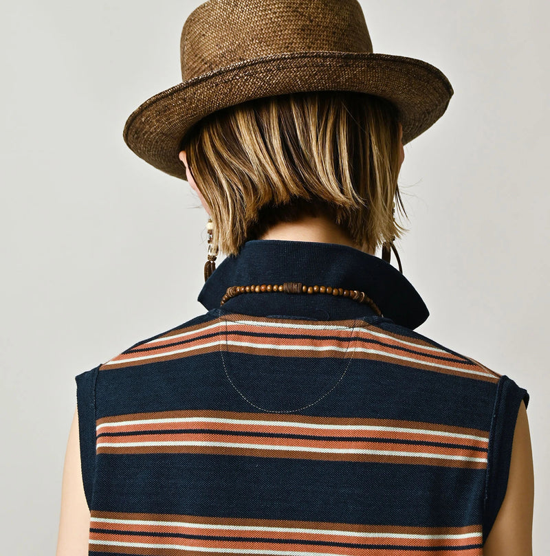 45R Indigo Cotton Pique Stripe Flare Polo - Image 9