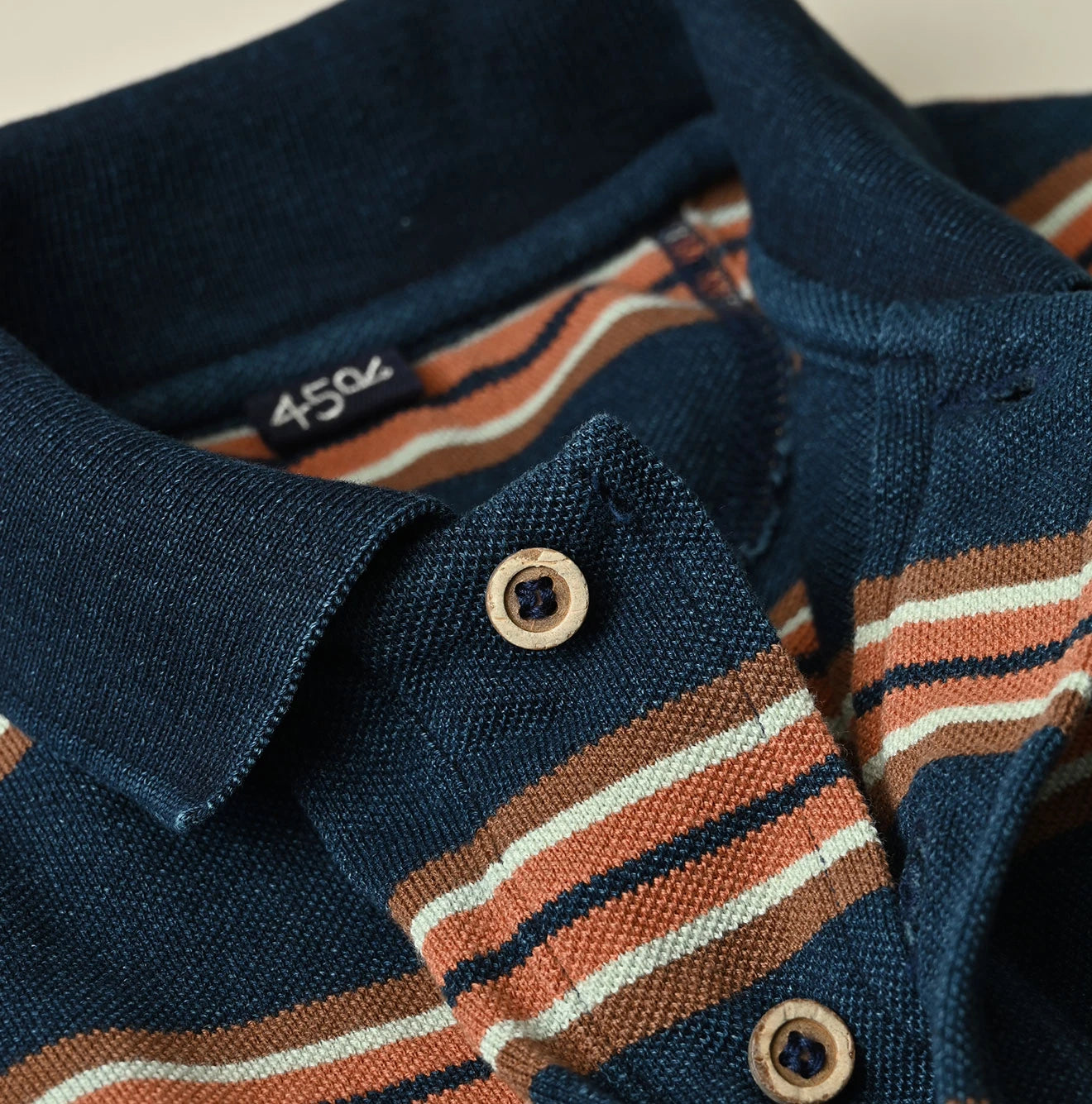 45R Indigo Cotton Pique Stripe Flare Polo - Image 13