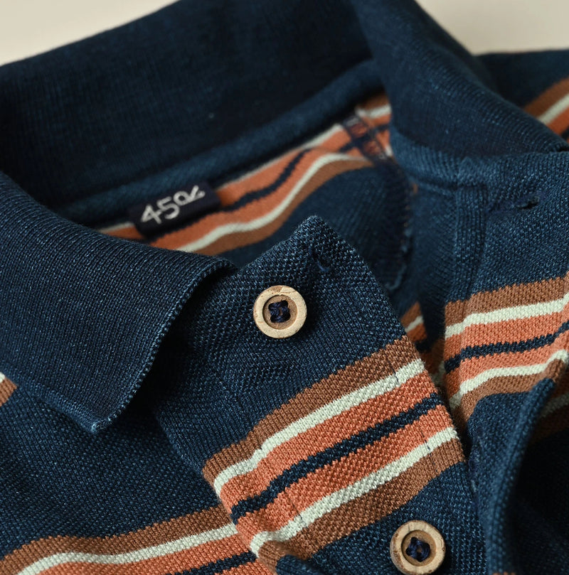 45R Indigo Cotton Pique Stripe Flare Polo - Image 13