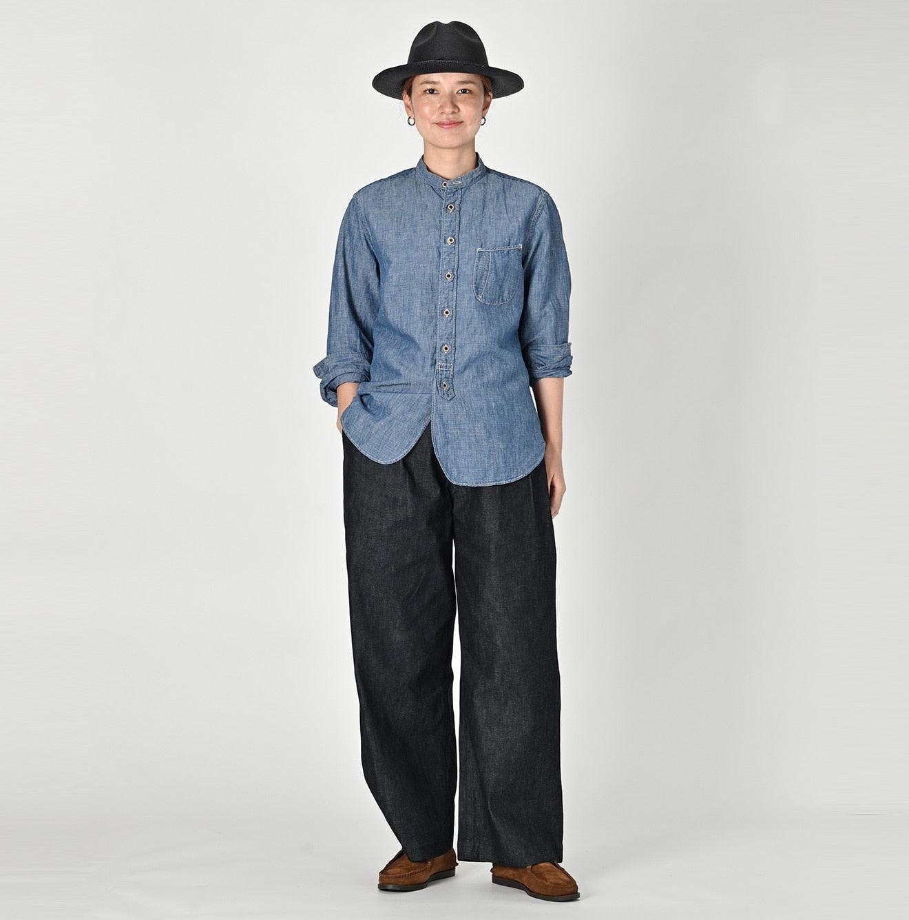 トップス eskandar \"denim stand collar over shirt\" cotton denim sloped shoulder wide a-line short sleeve shirt
