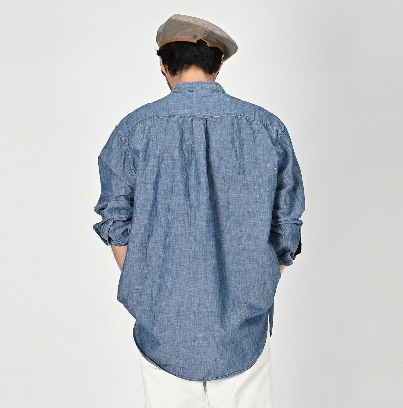 Cotton Linen Dungaree 908 Loafer Stand Collar Shirt Tan