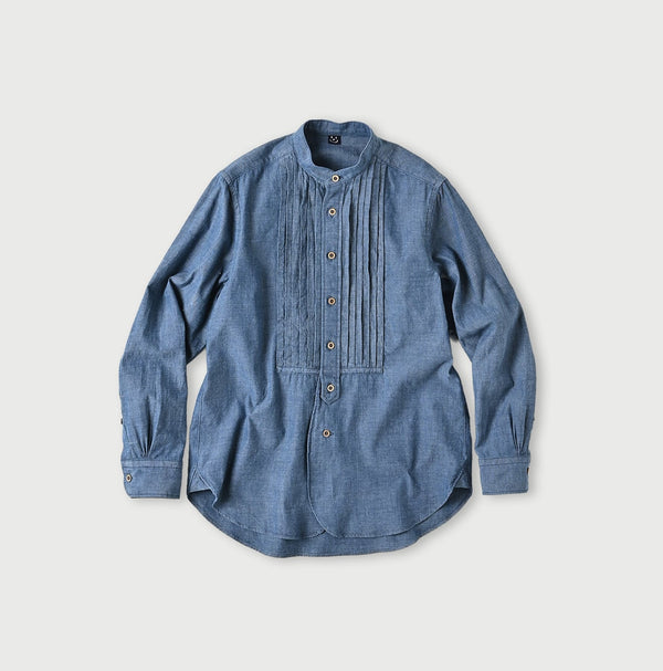 45R Indigo Khadi Ox 908 Pintuck Stand Collar Shirt