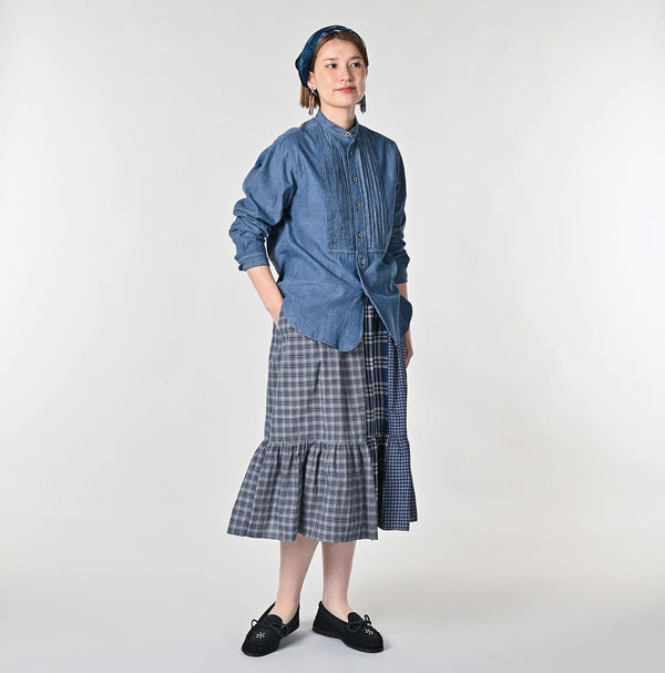 45R Indigo Khadi Ox 908 Pintuck Stand Collar Shirt