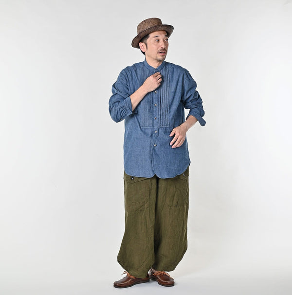 45R Indigo Khadi Ox 908 Pintuck Stand Collar Shirt