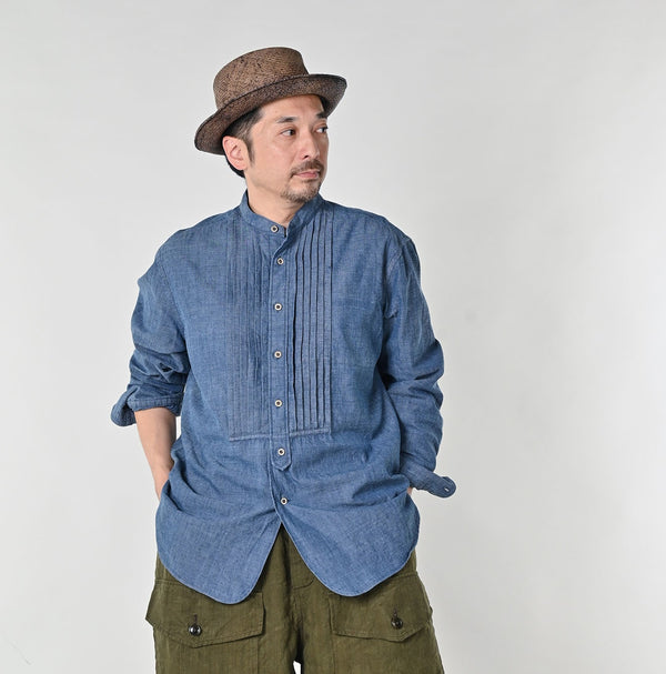 45R Indigo Khadi Ox 908 Pintuck Stand Collar Shirt
