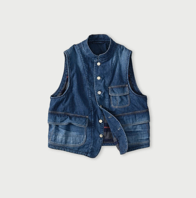45R Komugi Denim × Rag Fleece 908 Mountain Vest Distressed - Image 1
