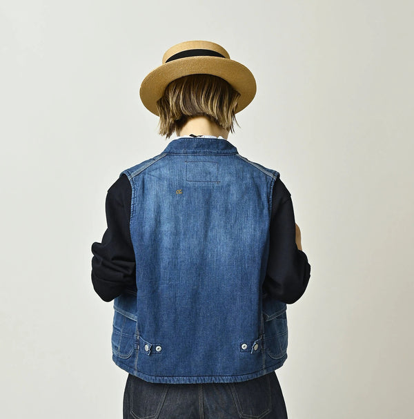45R Komugi Denim × Rag Fleece 908 Mountain Vest Distressed