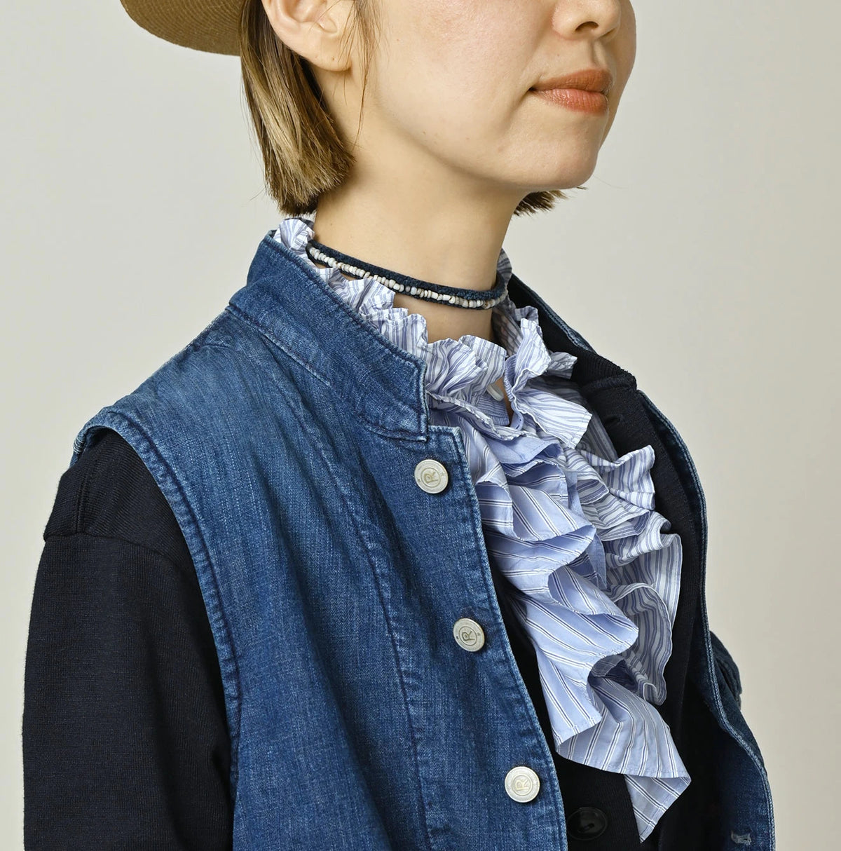 45R Komugi Denim × Rag Fleece 908 Mountain Vest Distressed
