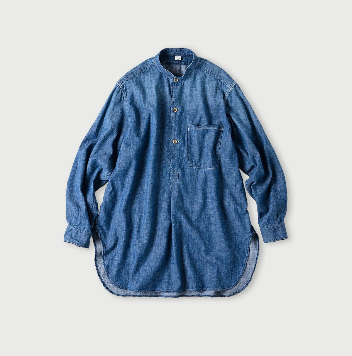 45R Ruri Dungaree Denim 908 Stand Collar Grandpa Pullover Shirt Distressed