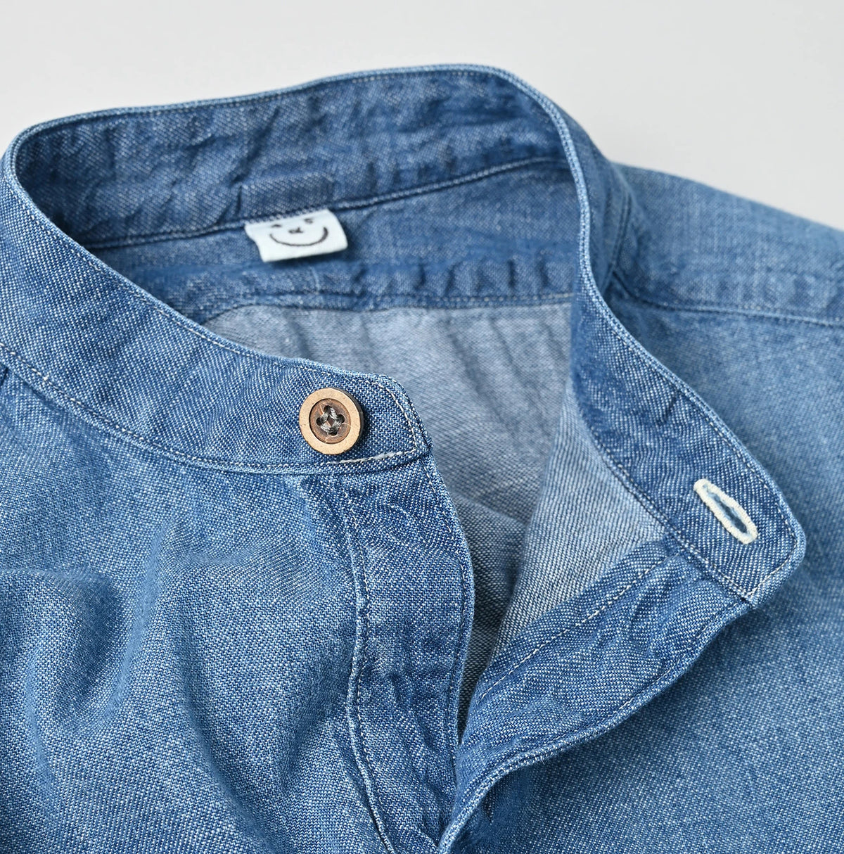45R Ruri Dungaree Denim 908 Stand Collar Grandpa Pullover Shirt Distressed