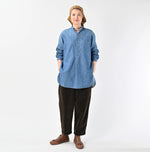 45R Ruri Dungaree Denim 908 Stand Collar Grandpa Pullover Shirt Distressed