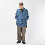 45R Ruri Dungaree Denim 908 Stand Collar Grandpa Pullover Shirt Distressed