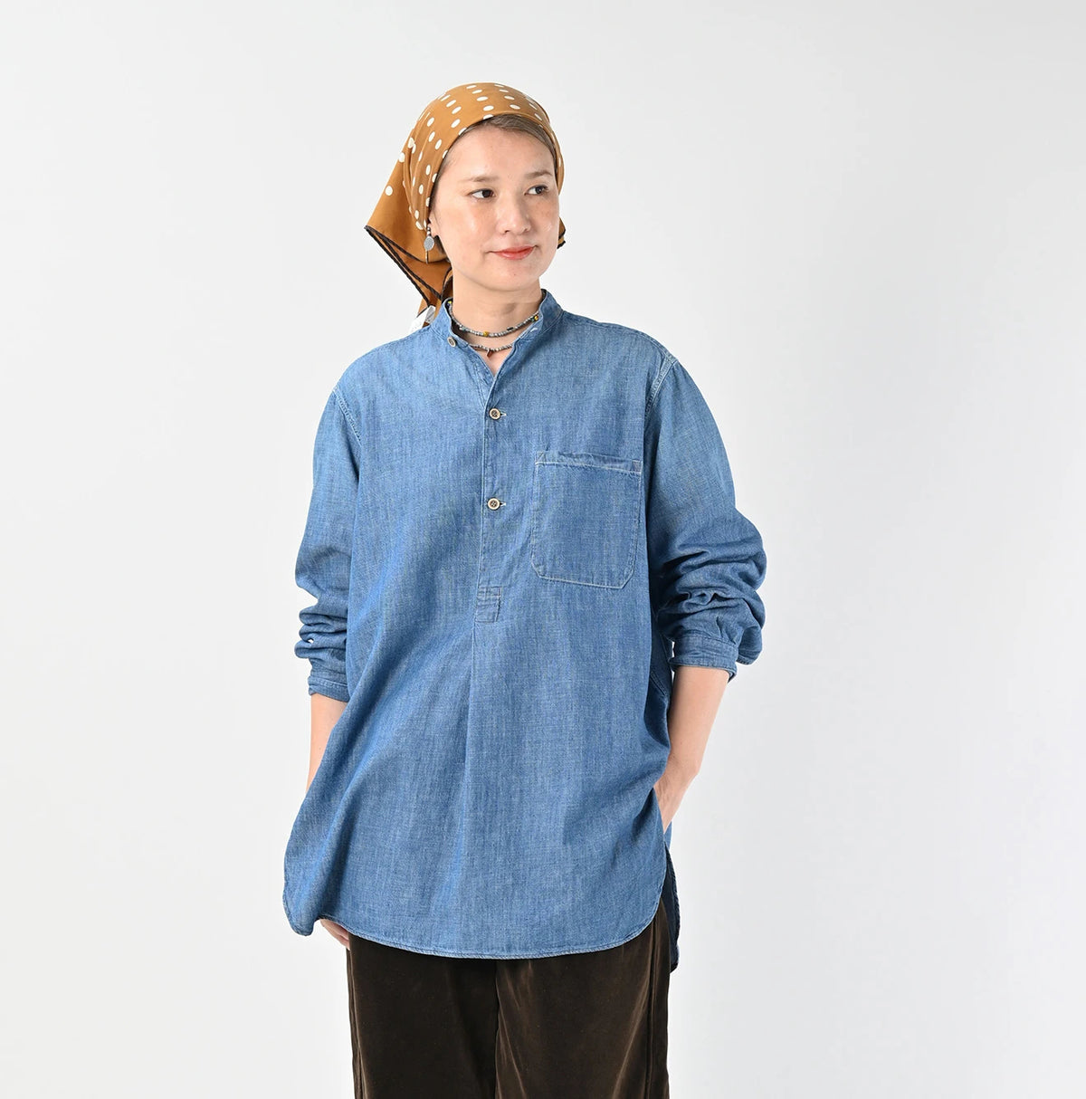 45R Ruri Dungaree Denim 908 Stand Collar Grandpa Pullover Shirt Distressed