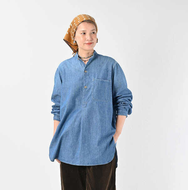 45R Ruri Dungaree Denim 908 Stand Collar Grandpa Pullover Shirt Distressed