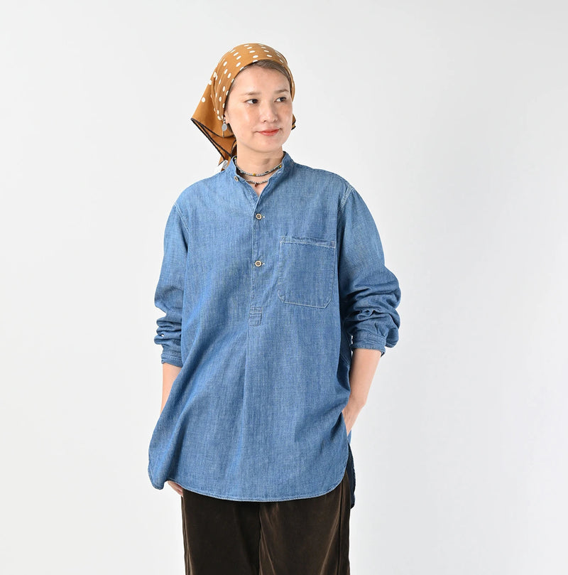 45R Ruri Dungaree Denim 908 Stand Collar Grandpa Pullover Shirt Distressed - Image 4