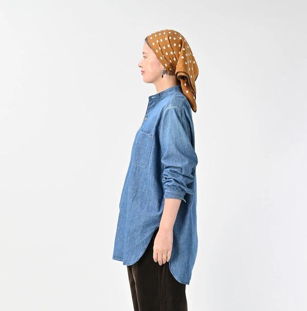 45R Ruri Dungaree Denim 908 Stand Collar Grandpa Pullover Shirt Distressed