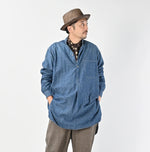 45R Ruri Dungaree Denim 908 Stand Collar Grandpa Pullover Shirt Distressed