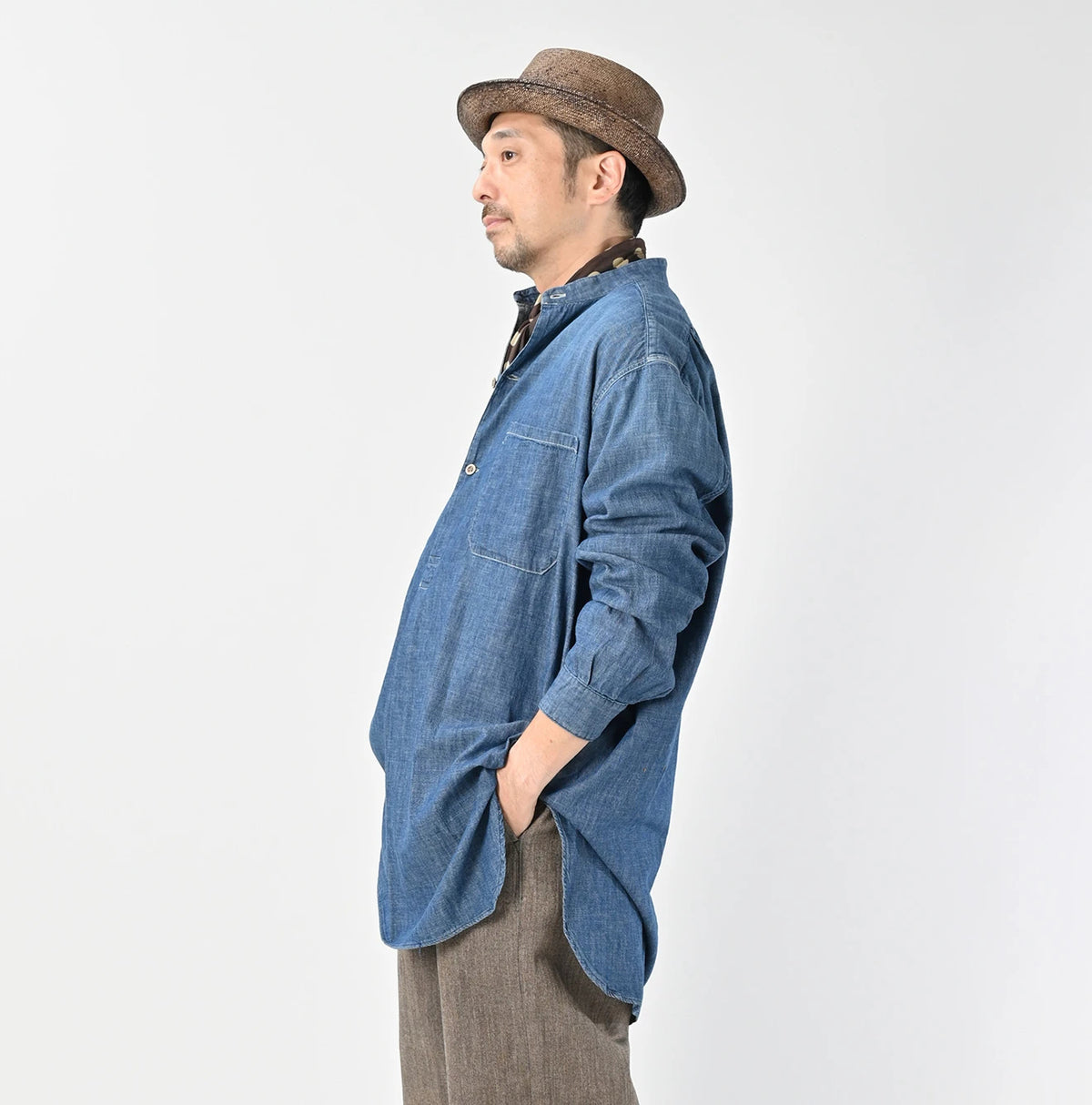 45R Ruri Dungaree Denim 908 Stand Collar Grandpa Pullover Shirt Distressed