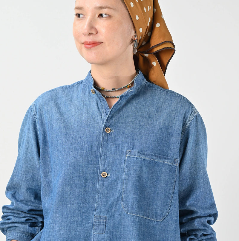 45R Ruri Dungaree Denim 908 Stand Collar Grandpa Pullover Shirt Distressed - Image 10