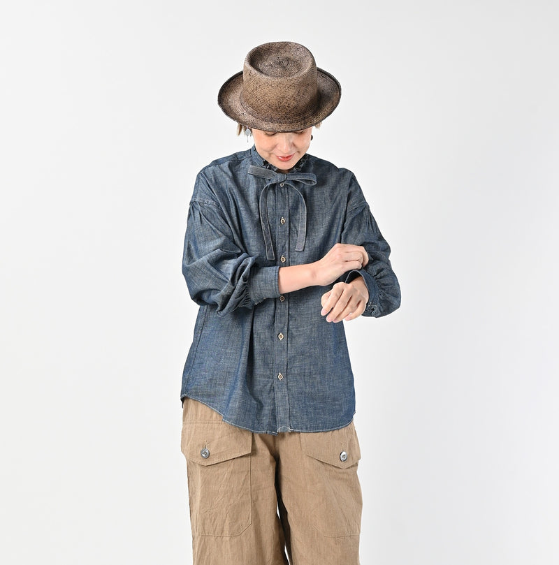 45R Indigo Dungaree Denim Bow Tie Coupe Shirt Nou - Image 3