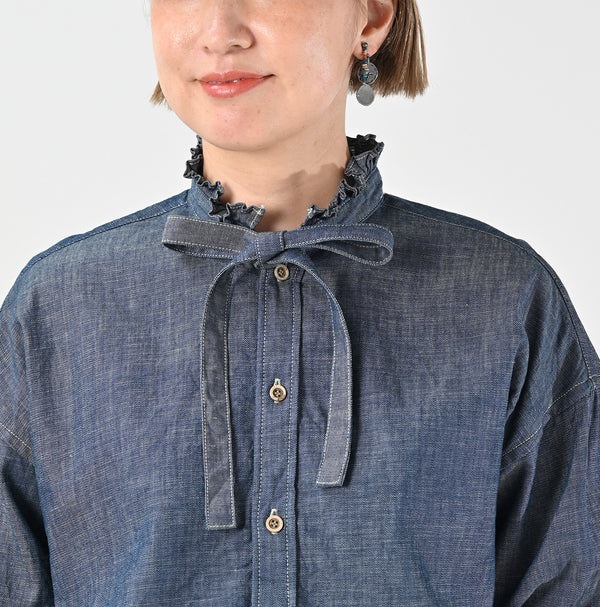 45R Indigo Dungaree Denim Bow Tie Coupe Shirt Nou