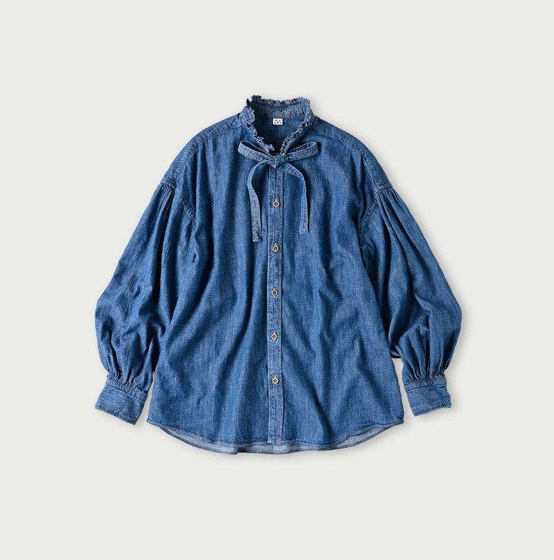 45R Indigo Dungaree Denim Bow Tie Coupe Shirt Distressed - Image 1