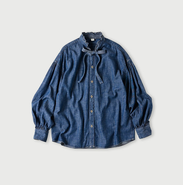 45R Indigo Dungaree Denim Bow Tie Coupe Shirt Distressed