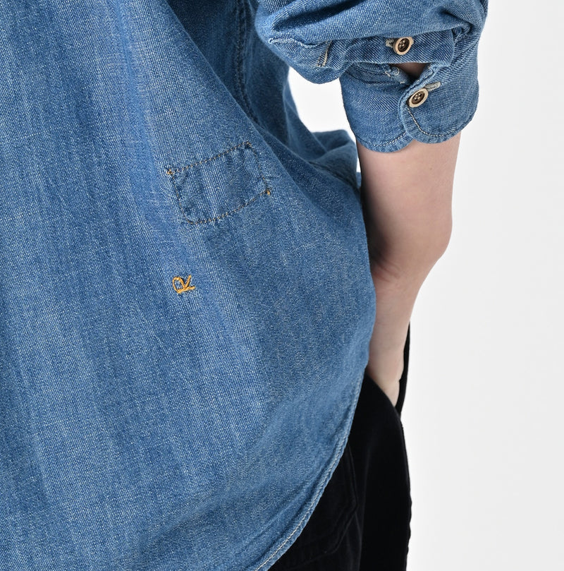 45R Indigo Dungaree Denim Bow Tie Coupe Shirt Distressed - Image 10