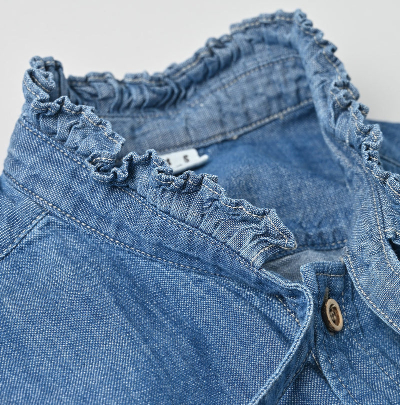 45R Indigo Dungaree Denim Bow Tie Coupe Shirt Distressed - Image 13