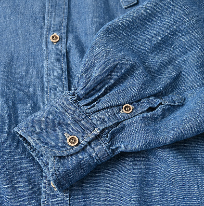 45R Indigo Dungaree Denim Bow Tie Coupe Shirt Distressed - Image 14